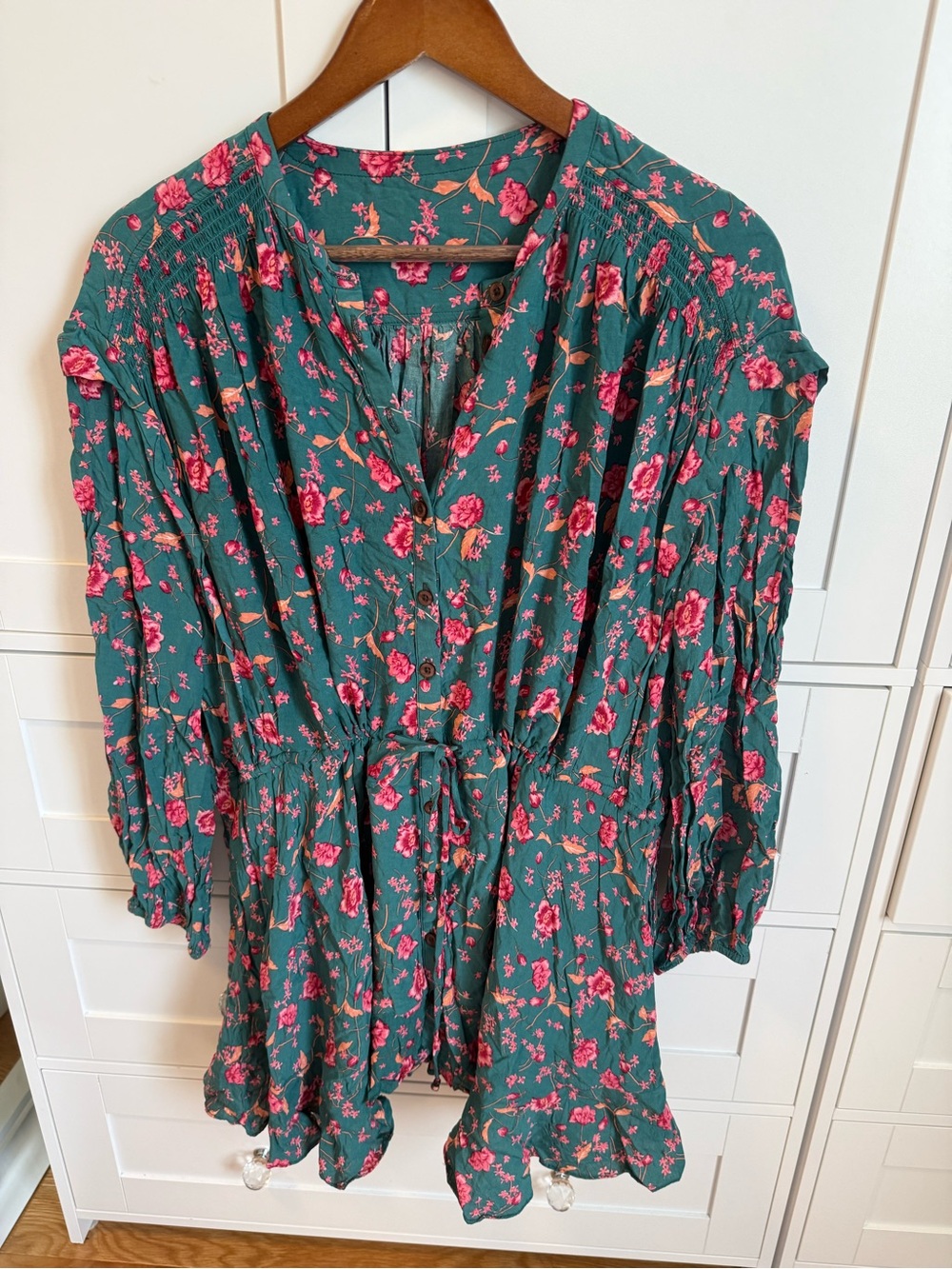 Free People Teal Mini Dress with Pink Floral Print